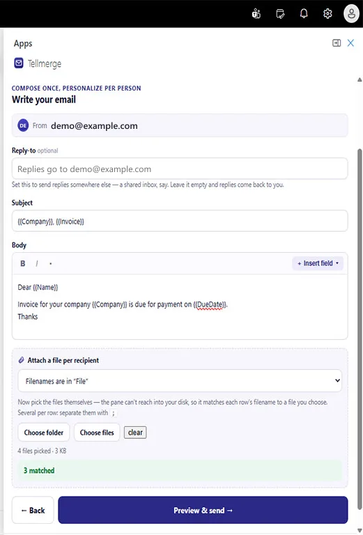 The Message step: a subject reading double-brace Company, double-brace Invoice, a body addressed to double-brace Name, an Insert field button, and an attach-a-file-per-recipient panel reporting 3 matched.