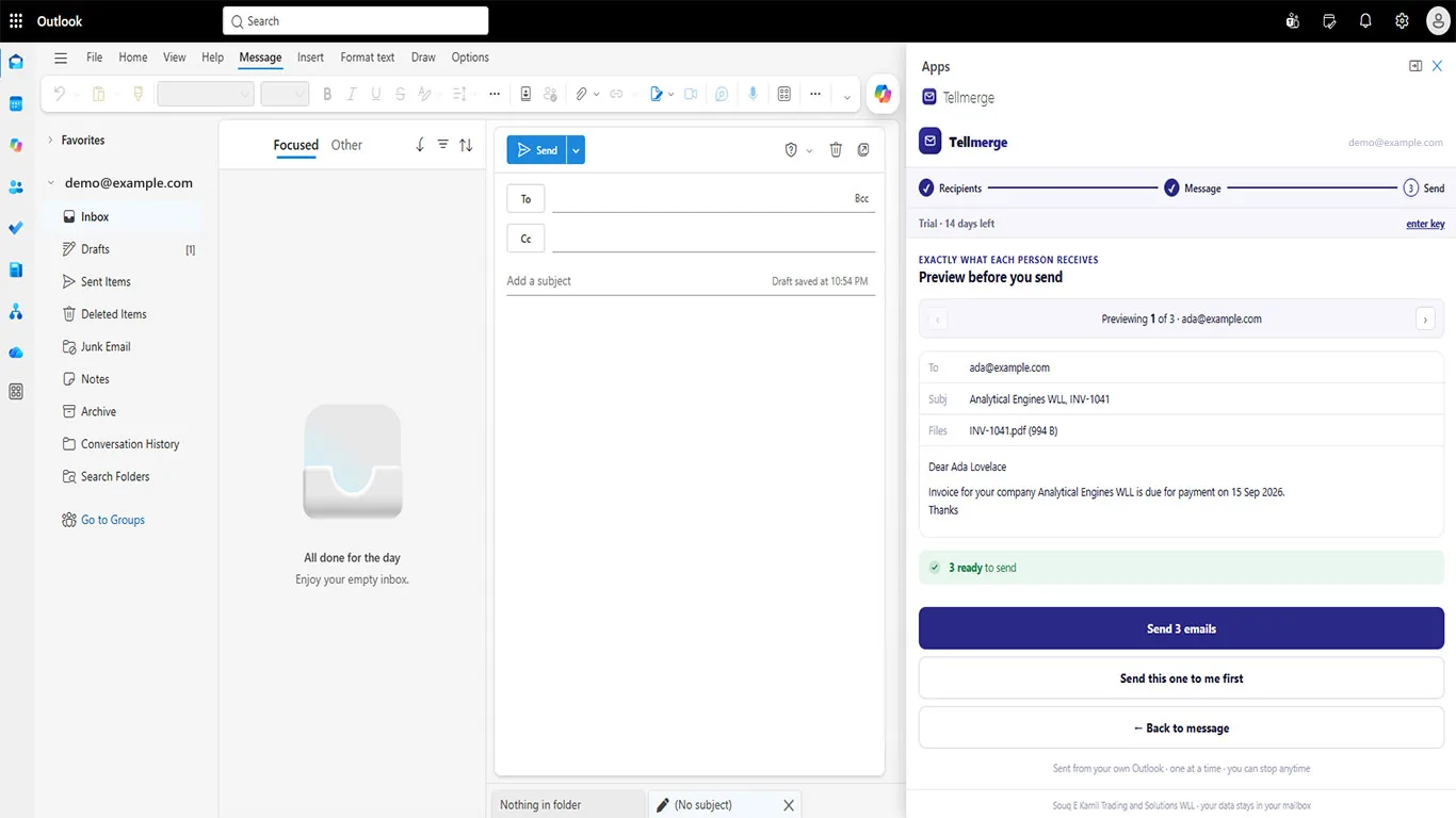 The Tellmerge task pane open beside a new message in Outlook, previewing email 1 of 3 to ada@example.com with INV-1041.pdf attached and a green '3 ready to send' confirmation above a Send 3 emails button.