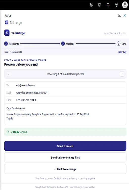The Send step: email 1 of 3 to ada@example.com with subject Analytical Engines WLL, INV-1041 and INV-1041.pdf attached, a green 3 ready to send bar, and buttons for Send 3 emails and Send this one to me first.