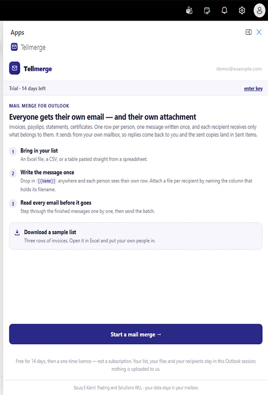 The Tellmerge pane the first time it opens, listing three numbered steps — bring in your list, write the message once, read every email before it goes — with a Download a sample list button and a Start a mail merge button.